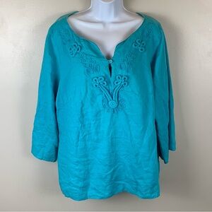 Ecologie‎ Linen Blend Top Womens XL ? Turquoise Embroidered Resort Wear Beach